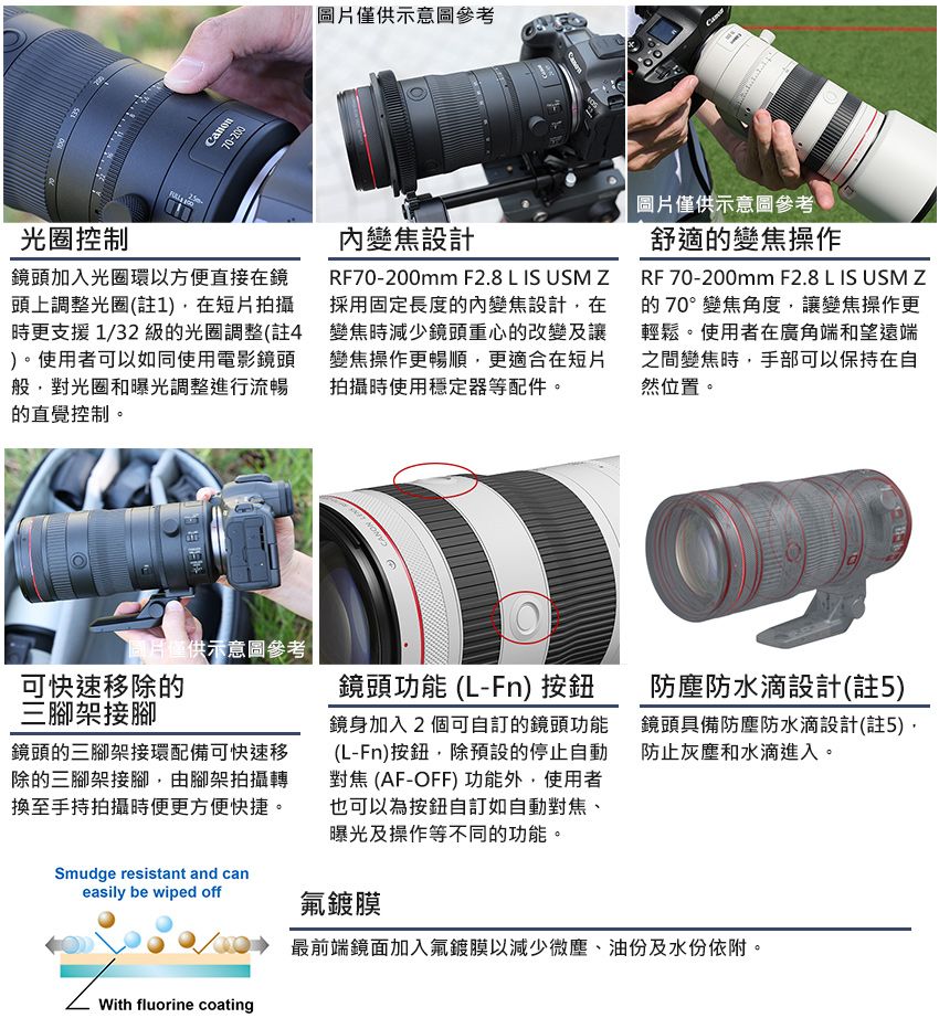 70-200圖片僅供示意圖參考光圈控制 鏡頭加入光圈環以方便直接在鏡頭上調整光圈(註1在短片拍攝時更支援 1/32 級的光圈調整(註4)。使用者可以如同使用電影鏡頭般對光圈和曝光調整進行流暢的直覺控制。內變焦設計RF70-200mm F2.8 L IS USMZ採用固定長度的內變焦設計在變焦時減少鏡頭重心的改變及讓變焦操作更暢順,更適合在短片拍攝時使用穩定器等配件。圖片僅供示意圖參考舒適的變焦操作RF 70-200mm F2.8 L IS USM Z的70°變焦角度,讓變焦操作更輕鬆。使用者在廣角端和望遠端之間變焦時,手部可以保持在然位置。CANNO圖片僅供示意圖參考可快速移除的鏡頭功能 (L-Fn) 三腳架接腳鏡頭的三腳架接環配備可快速移除的三腳架接腳,由腳架拍攝轉換至手持拍攝時便更方便快捷。鏡身加入2個可自訂的鏡頭功能(L-Fn)按鈕,除預設的停止自動對焦(AF-OFF)功能外,使用者也可以為按鈕自訂如自動對焦、曝光及操作等不同的功能。防塵防水滴設計(註5)鏡頭具備防塵防水滴設計(註5),防止灰塵和水滴進入。Smudge resistant and can鍍膜easily be wiped off最前端鏡面加入氟鍍膜以減少微塵、油份及水份依附。With fluorine coating