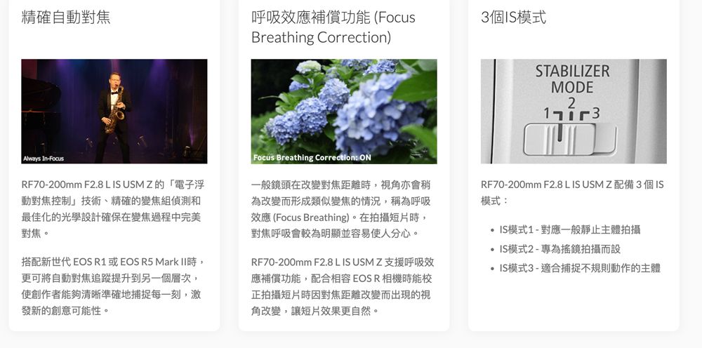 精確自動對焦呼吸效應補償功能(FocusBreathing Correction)3個IS模式STABILIZERMODE2Always In-FocusRF70-200mm F2.8 L IS USM Z的「電子浮動對焦控制」技術、精確的變焦組偵測和最佳化的光學設計確保在變焦過程中完美對焦。搭配新世代 EOS R1 或 EOS R5 Mark 時,更可將自動對焦追蹤提升到另一個層次,使創作者能夠清晰準確地捕捉每一刻,激發新的創意可能性。Focus Breathing Correction ON一般鏡頭在改變對焦距離時,視角亦會稍為改變而形成類似變焦的情況,稱為呼吸效應 (Focus Breathing)。在拍攝短片時,對焦呼吸會較為明顯並容易使人分心。RF70-200mm F2.8 L IS USM Z支援呼吸效應補償功能,配合相容相機時能校正拍攝短片時因對焦距離改變而出現的視角改變,讓短片效果更自然。RF70-200mm F2.8 L IS USMZ配備3個IS模式:IS模式1-對應一般靜止主體拍攝IS模式2-專為搖鏡拍攝而設IS模式3 - 適合捕捉不規則動作的主體