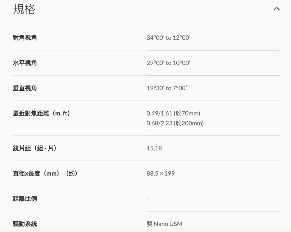 規格對角視角水平視角垂直視角最近對焦距離(m, ft)鏡片組(組-片)3400 to 120029°00 to 10°0019°30 to 7°000.49/1.61(於70mm)0.68/2.23 (於200mm)15,18直徑x長度(mm)(約)88.5×199距離比例驅動系統雙 Nano USM