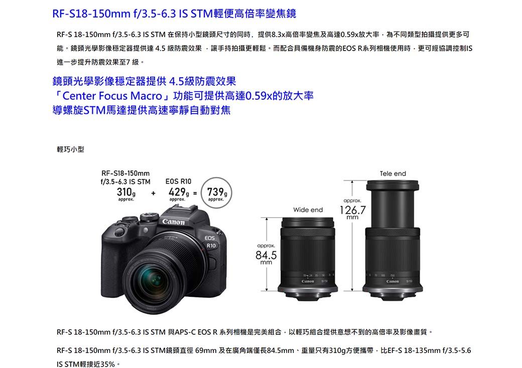 RFS18-150mm f/35-63 STM輕便高變焦鏡RF-S 18-150mm f/35-63 IS STM 在保持小型鏡頭尺寸的同時提供83x高倍率變焦及0.59x放大率為不同類型拍攝提供更多可能鏡頭光學影像穩定器提供達4.5級防震效果讓手持拍攝更輕鬆。而配合具備機身防震的 R系列相機使用時,更可經協調控制IS進一步提升防震效果至7級。鏡頭光學影像穩定器提供4.5級防震效果 Center Focus Macro」功能可提供高達0.59x的放大率導螺旋STM馬達提供高速寧靜自動對焦輕巧小型RF-S18-150mmf/3.5-6.3 IS STMEOS R10310。.approx.approx.EOSR10approx.84.5mmapprox.Wide end126.7mmTele endCanonRF-S 18-150mm f/3.5-6.3 IS STM 與APS-C EOS R系列相機是完美組合,以輕巧組合提供意想不到的高倍率及影像畫質。RF-S 18-150mm f/3.5-6.3 IS STM鏡頭直徑 69mm 及在廣角端僅長84.5mm,重量只有310g方便攜帶,比EF-S 18-135mm f/3.5-5.6IS STM輕接近35%。