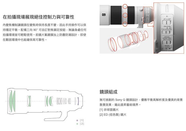 在拍攝現場展現絕佳控制力與可靠性內變焦機制讓鏡頭在變焦時保持長度不變,因此手持操作可以保持穩定平衡。配備三向9°可自訂對焦鎖定按鈕,無論身處任何拍攝環境皆可輕鬆使用。前鏡片鍍膜加上防塵防潮設計,即使在艱困環境中也能確保高可靠性。00mFULL   1]鏡頭組成無可挑剔的 Sony G 鏡頭設計,優雅平衡高解析度及優美的背景散景效果,藉此提昇藝術境界。[1] 非球面鏡片[2] ED (低色散) 鏡片