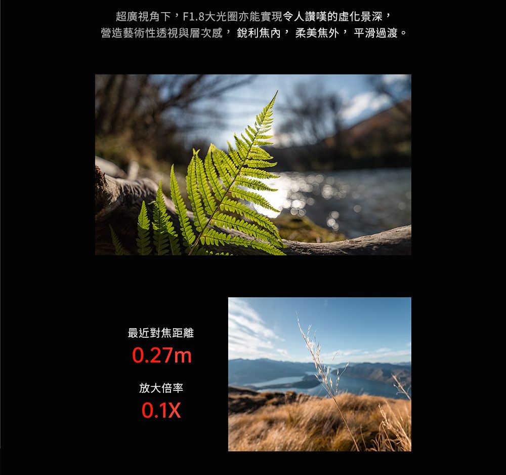 超廣視角下,F1.8大光圈亦能實現令人讚嘆的虛化景深,營造藝術性透視與層次感,銳利焦內,柔美焦外,平滑過渡。最近對焦距離0.27m放大倍率0.1X