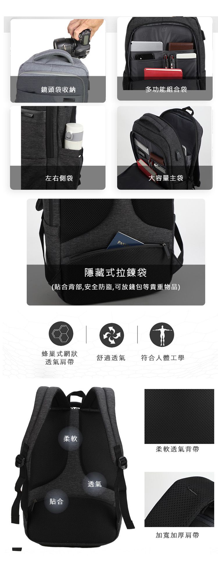 鏡頭袋收納多功能組合袋左右側袋大容量主袋隱藏式拉鍊袋(合背部,安全防盜,可放錢包等貴重物品)蜂巢式網狀舒適透氣符合人體工學透氣肩帶貼合柔軟透氣柔軟透氣背帶加寬加厚肩帶
