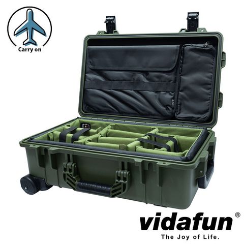 Vidafun V22 防水氣密抗撞提把滑輪箱 綠黑色【氣密箱+內膽隔板組(綠色)+15"筆電上蓋收納袋】