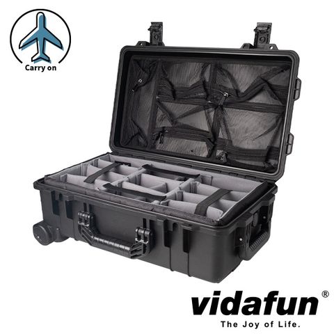 Vidafun V22 防水氣密抗撞提把滑輪箱 黑色【氣密箱+內膽隔板組(灰色)+上蓋收納網袋】