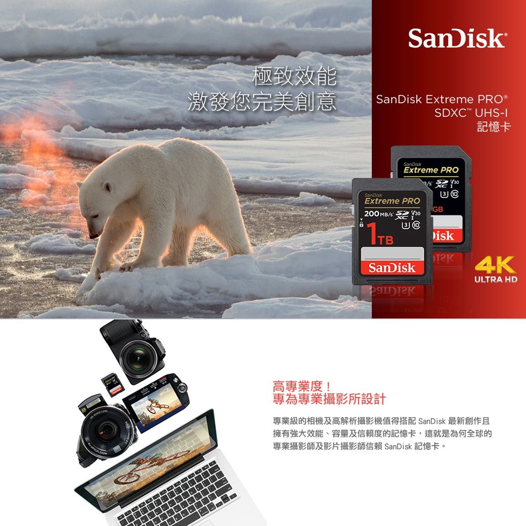 San極致效能激發您完美創意SanDisk Extreme SDXC UHS-ISanDiskSanDiskExtreme PROExtreme PRO 記憶卡G  B1TBDiskSanDisk4KULTRA HD高專業度!專為專業攝影所設計專業級的相機及高解析攝影機值得搭配 SanDisk 最新創作且擁有強大效能、容量及信賴度的記憶卡,這就是為何全球的專業攝影師及影片攝影師信賴 SanDisk 記憶卡。