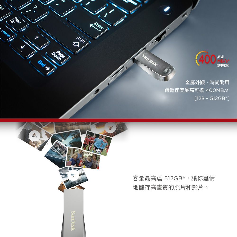 PageDownPageHomeShiftEnterSanDikSanDisk高達MB/s讀取速度金屬外觀,時尚耐用傳輸速度最高可達 400MB/s[128  512GB*]容量最高達 512GB*,讓你盡情地儲存高畫質的照片和影片。