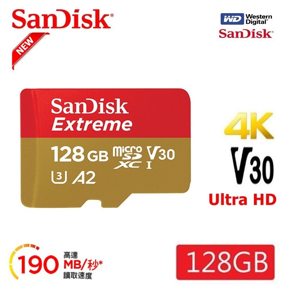 SanDisk 晟碟 [極速升級 全新版] 128GB Extreme microSDXC V30 A2 記憶卡(讀取190MB/s 原廠永久保固)