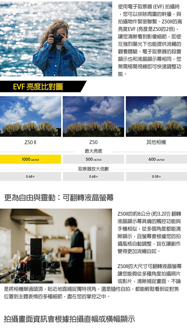 EVF 亮度比對圖使用電子取景器 (EVF) 拍攝時您可以排除周圍的幹擾與拍攝物件緊密聯繫的高亮度EVF(亮度是Z50的2倍)讓您清晰看到影像細節即使在強烈陽光下也能提供流暢的觀看體驗。電子取景器的設置顯示也和液晶顯示幕相同您無需移開視線即可快速調整功能。Z50 Z50其他相機最大亮度1000 cd/m2500 cd/m2600 cd/m2取景器放大倍數0.68x0.68x0.58更為自由與靈動:可翻轉液晶螢幕的約8公分 (約3.2) 翻轉液晶顯示幕具備的觸控功能與手機相似從多個角度都能清晰顯示,且螢幕會根據您的拍攝風格自動調整,旨在讓創作變得更加流暢自如。的大尺寸可翻轉液晶螢幕讓您能夠從多種角度拍攝照片或影片,清晰捕捉畫面。不論是將相機舉過頭頂,貼近地面捕捉獨特視角,還是隨性自拍,都能輕鬆看到從對焦位置到主體表情的多種細節,盡在您的掌控之中。拍攝畫面資訊會根據拍攝直幅或橫幅顯示