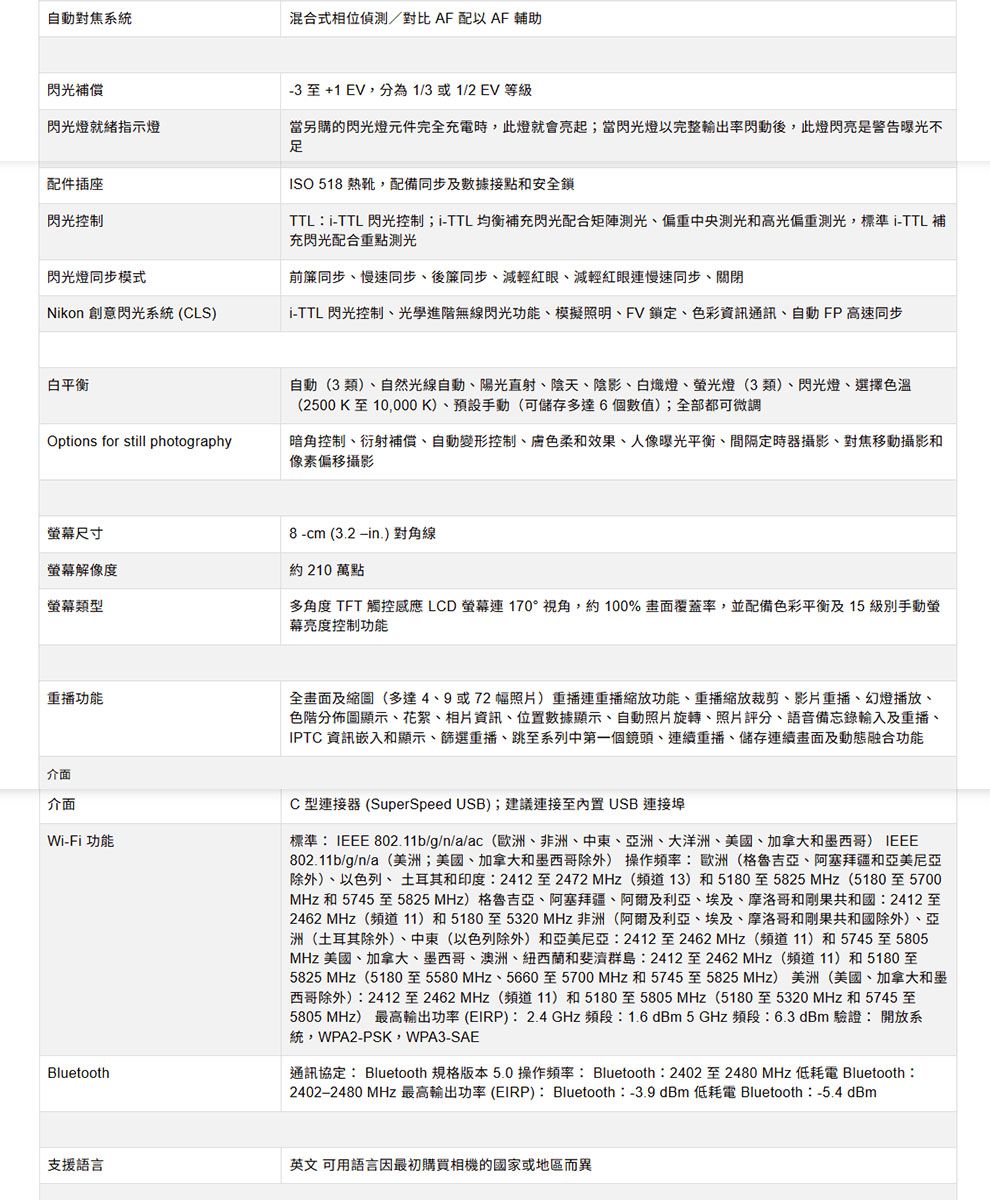 自動對焦系混合式相位偵測/對比 AF配以AF輔助閃光補償閃光燈就緒指示燈配件插座閃光控制閃光燈同步模式Nkon 創意閃光系統 (CLS)3 至+1 EV,分為1/3或1/2EV 等級當另購的閃光燈元件完全充電時,此燈就會亮起;當閃光燈以完整輸出閃動後,此燈閃亮是警告曝光不ISO 518 熱靴,配備同步及數據接點和安全鎖TTL-TTL 閃光控制;-TTL均衡補充閃光配合偏重中央測光和高光偏重測光,標準i-TTL補充閃光配合重點測光前同步同步後簾同步減輕紅眼、減輕紅眼慢速同步、關閉i-TTL 閃光控制、光學進階無線閃光功能、模擬照明、FV鎖定、色彩資訊通訊、自動FP高速同步白平衡Options for still photography自動(3 類)、自然光線自動、陽光直射、陰天、陰影、白熾燈、光燈(3類)、閃光燈、選擇色溫(2500K至10,000K)、預設手動(可儲存多達6個數值);全部都可微調暗角控制、衍射補償、自動變形控制、柔和效果、人像曝光平衡、間隔定時器攝影、對焦移動攝影和像素偏移攝影螢幕尺寸螢幕解像度螢幕類型8-cm(3.2-in.)對角線約 210 萬點多角度 TFT 觸控感應 LCD 螢幕170°視角,約100%畫面覆蓋率,並配備色彩平衡及15級別手動螢幕亮度控制功能功能介面介面Wi-Fi 功能Bluetooth支援語言全畫面及縮圖(多達4、9或72幅照片)重播縮放功能、重播縮放裁剪、影片重播、幻燈播放、色階分佈圖顯示、花絮、相片資訊、位置數據顯示、自動照片旋轉、照片評分、語音備忘錄輸入及重播、IPTC 資訊嵌入和顯示、篩選重播、跳至系列中第一個鏡頭、連續重播、儲存連續畫面及動態融合功能C 型連接器 (SuperSpeed USB);建議連接至內置USB 連接埠標準 IEEE 802.11b/g/n/a/ac(歐洲、非洲、中東、亞洲、大洋洲、美國、加拿大和墨西哥) IEEE802.11b/g/n/a(美洲;美國、加拿大和墨西哥除外) 操作頻率:歐洲(格魯吉亞、阿塞拜疆和亞美尼亞除外)、以色列、土耳其和印度:2412至2472 MHz (頻道13)和5180至5825 MHz(5180至5700MHz 和 5745至5825MHz)格魯吉亞、阿塞拜疆、阿爾及利亞、埃及、摩洛哥和剛果共和國:2412至2462 MHz(頻道11)和5180至5320MHz 非洲(阿爾及利亞、埃及、摩洛哥和剛果共和國除外)、亞洲(土耳其除外)、中東(以色列除外)和亞美尼亞:2412至2462MHz(頻道11)和5745至5805MHz 美國、加拿大、墨西哥、澳洲、紐西蘭和斐濟群島:2412至2462MHz(頻道11)和5180至5825 MHz(5180至5580 MHz、5660至5700 MHz 和5745至5825 MHz)美洲(美國、加拿大和墨西哥除外):2412至2462MHz(頻道11)和5180至5805 MHz(5180至5320MHz和5745 至5805 MHz) 最高輸出功率(EIRP): 2.4GHz 頻段:1.6dBm 5 GHz 頻段:6.3dBm 驗證: 開放系統,WPA2-PSK,WPA3-SAE通訊協定: Bluetooth 規格版本5.0操作頻率: Bluetooth: 2402 至2480 MHz 低耗電 Bluetooth:2402-2480 MHz 最高輸出功率 (EIRP): Bluetooth:-3.9dBm 低耗電 Bluetooth: -5.4dBm英文 可用語言因最初購買相機的國家或地區而異