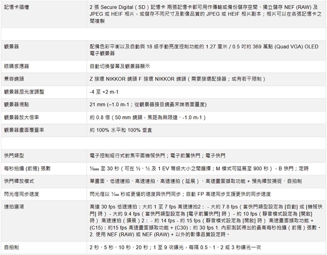 記憶卡插槽 張 Secure Digital (SD記憶卡兩張記憶卡都可用作傳輸或備份儲存空間獨立儲存 NEF (RAW)JPEG 或 HEIF 相片,或儲存不同尺寸及影像品質的 JPEG 或 HEIF 相片副本;相片可各張記憶卡之間複製觀景器配備色彩平衡以及自動與8級手動亮度控制功能的1.27厘米0.5吋369萬點(Quad VGA) OLED電子觀景器自動切換螢幕及觀景器顯示Z 接環 NIKKOR 鏡頭 F 接環 NIKKOR 鏡頭(需要接環配接器;或有若干限制)4+2 m-1眼睛感應器兼容鏡頭觀景器屈光度調整觀景器視點觀景器放大倍率約0.8倍(50mm鏡頭,焦距為無限遠、-1.0m-1)觀景器畫面覆蓋率約 100% 水平和 100% 垂直21 mm (−1.0 m-1;從觀景器接目鏡最末端表面量度)快門類型每秒拍攝(前捲)張數快門釋放模式閃光燈同步速度連拍選項自拍制電子控制縱行式對焦平面機械快門;電子前快門;電子快門1至30秒(可在/2及1EV 等級大小之間選擇;M模式可延展至900秒),B快門;定單畫面、低速連拍、高速連拍、高速連拍(延展)、高速畫面擷取功能+預先釋放捕捉、自拍制閃光燈以  秒或更慢的速度與快門同步;自動FP 高速同步支援更快的同步速度高達 30 fps 低速連拍:大約1至 7 fps 高速連拍2:-大約7.8 fps(當快門類型設定為自動或[機械快門 時) - 大約9.4 fps(當快門類型設定為[電子前簾快門時)-約10fps(靜音模式設定為[開]時)高速連拍(擴展)2:-約14 fps-約 (靜音模式設定為[開啟]時)高速畫面擷取功能 +(C15):約15 fps 高速畫面擷取功能+(C30):約30 fps 1. 測試得出的最高每秒拍攝(前捲)張數。2. 使用 NEF (RAW) 或NEF (RAW)+以外的影像品質設定時。2 秒、5 秒、10秒、20秒;1至9次曝光,每隔0.5、1、2或3 秒曝光一次