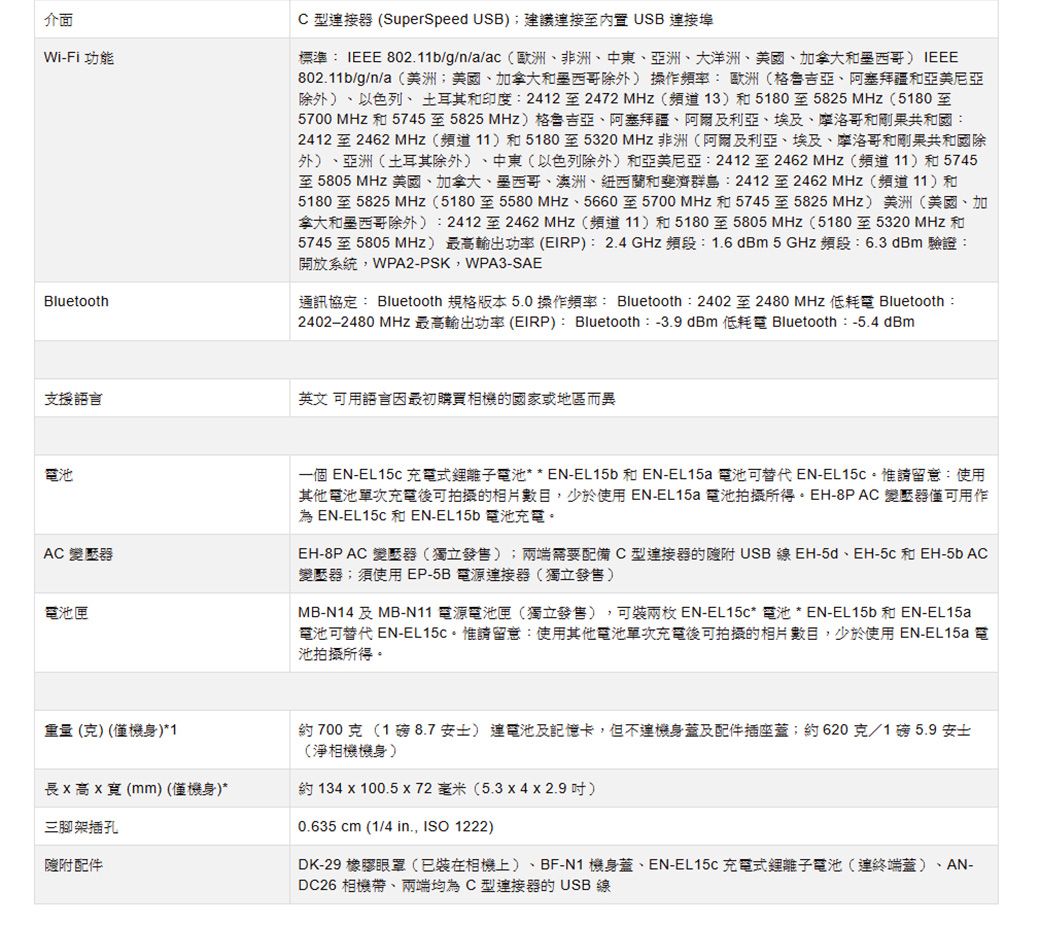 介面Wi-Fi 功能BluetoothC 型器 (SuperSpeed USB;建議 USB 接埠標準IEEE 802b/g/n/a/ac(歐洲、非洲、中東、亞洲、大洋洲、美國、加拿大和墨西哥 IEEE802.11b/g/n/a(美洲:美國、加拿大和墨西哥除外) 操作頻率:歐洲(格魯吉亞、阿塞拜疆和亞美尼亞除外)、以色列、土耳其和印度:2412至2472MHz(頻道13)和5180至5825MHz(5180至5700 MHz 和 5745 至 5825 MHz)格魯吉亞、阿塞拜疆、阿爾及利亞、埃及、摩洛哥和剛果共和國:2412至2462 MHz(頻道11)和5180至5320MHz 非洲(阿爾及利亞、埃及、摩洛哥和剛果共和國除外)、亞洲(土耳其除外)、中東(以色列除外)和亞美尼亞:2412至2462MHz(頻道11)和5745至 5805 MHZ 美國、加拿大、墨西哥、澳洲、紐西蘭和斐濟群島:2412至2462MHz(頻道11)和5180至5825 MHz(5180至5580 MHz、5660至5700MHz和5745至5825MHz) 美洲(美國、加拿大和墨西哥除外):2412至2462MHz(頻道11)和5180至5805MHz(5180至5320 MHz 和5745至5805 MHZ) 最高輸出功率(EIRP):2.4GHz 頻段:1.6dBm 5 GHz 頻段:6.3 dBm 驗證:開放系統WPA2-PSK,WPA3-SAE通訊協定: Bluetooth 規格版本 5.0 操作頻率: Bluetooth:2402 至2480 MHz 低耗電 Bluetooth:2402−2480 MHZ 最高輸出功率(EIRP): Bluetooth:-3.9 dBm 低耗電 Bluetooth:-5.4 dBm支援語言英文 可用語言因最初購買相機的國家或地區而異電池AC 變壓器電池匣一個 EN-EL15C 充電式離子電池* * EN-EL15b 和 EN-EL15a 電池可替代 EN-惟請留意:使用其他電池單次充電後可拍攝的相片數目,少於使用 EN-EL15a 電池拍攝所得EH-PAC 變壓器僅可用作 EN- 和EN-EL15b電池充電。EH-8P AC 變壓器(獨立發售);兩端需要配備C型接器的附USB線 EH-5d、EH-5c 和EH- AC變壓器;須使用EP-5B電源連接器(獨立發售)MB-N14 及 MB-N11 電源電池匣(獨立發售),可裝兩枚 EN-EL15c*電池 * EN-EL15b 和 EN-EL15a電池可替代 EN-EL15c。惟請留意:使用其他電池單次充電後可拍攝的相片數目,少於使用EN-EL15a 電池拍攝所得。重量(克)(僅機身)*1長高(mm)(僅機身)*三腳架插孔配件約700克(1磅 8.7安士)連電池及記憶卡,但不連機身蓋及配件插座蓋;約620克/1 磅 5.9 安士(淨相機機身)約 134 x 100.5 x 72毫米(5.3x4x2.9)0.635 cm (1/4 in., ISO1222)DK-29 橡膠眼罩(裝在相機上)、BF-N1 機身蓋、EN-EL15C 充電式離子電池(連終端蓋)、AN-DC26 相機帶、兩端均為C型連接器的USB 線