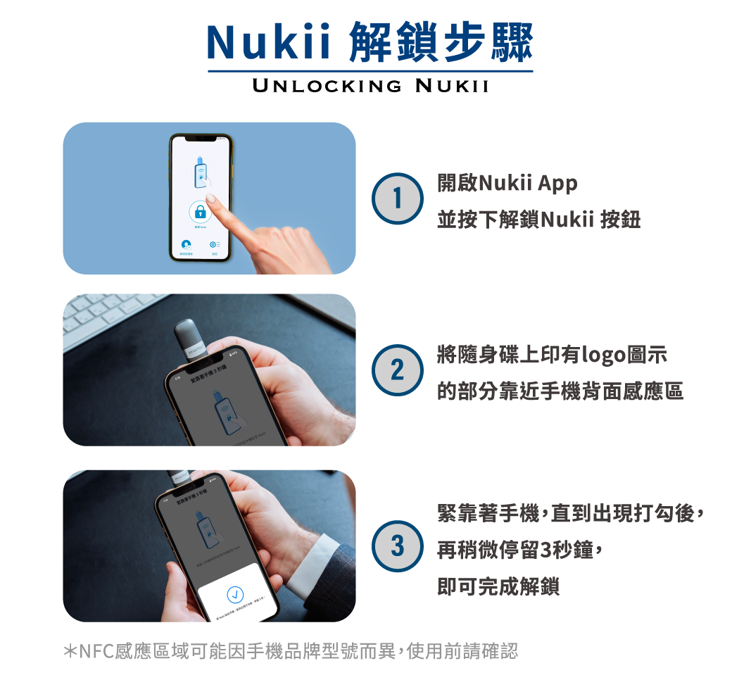 Nukii 解鎖步驟UNLOCKING NUKII開啟Nukii App並按下解鎖Nukii 按鈕將隨身碟上印有logo圖示2的部分靠近手機背面感應區緊靠著手機,直到出現打勾後,3再稍微停留3秒鐘,即可完成解鎖*NFC感應區域可能因手機品牌型號而異,使用前請確認