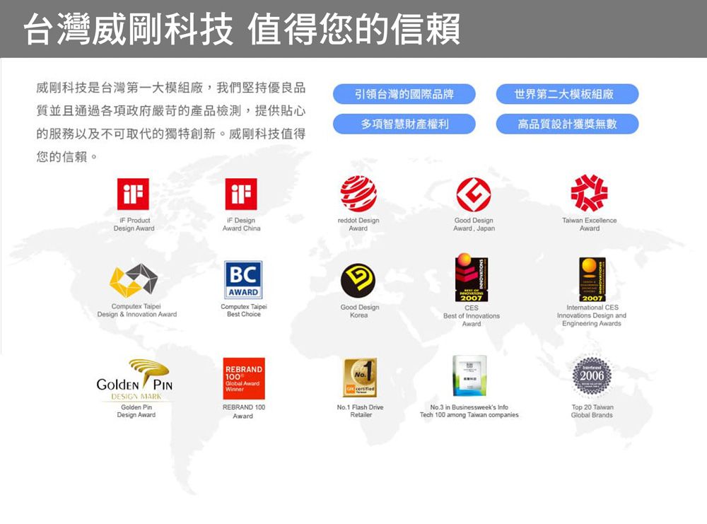 台灣威剛科技 值得您的信賴威剛科技是台灣第一大模組廠,我們堅持優良品質並且通過各項政府嚴苛的產品檢測,提供貼心的服務以及不可取代的獨特創新。威剛科技值得您的信賴。引領台灣的國際品牌世界第二大模板組廠多項智慧財產權利高品質設計獲獎無數 ProductDesign Award DesignAward ChinaComputex Design & Innovation AwardBCAWARDComputex TaipeiBest Choice PINDESIGN MARKGolden PinDesign AwardREBRAND100 AwardWinnerREBRAND 100Awardreddot DesignGood DesignTaiwan ExcellenceAwardAward, JapanAwardGood DesignKorea2007CESBest of InnovationsAwardNo1 Flash DriveRetailer2007International CESInnovations Design andEngineering Awards2006No.3 in Businessweeks InfoTech 100 among Taiwan companies.Top 20 TaiwanGlobal Brands