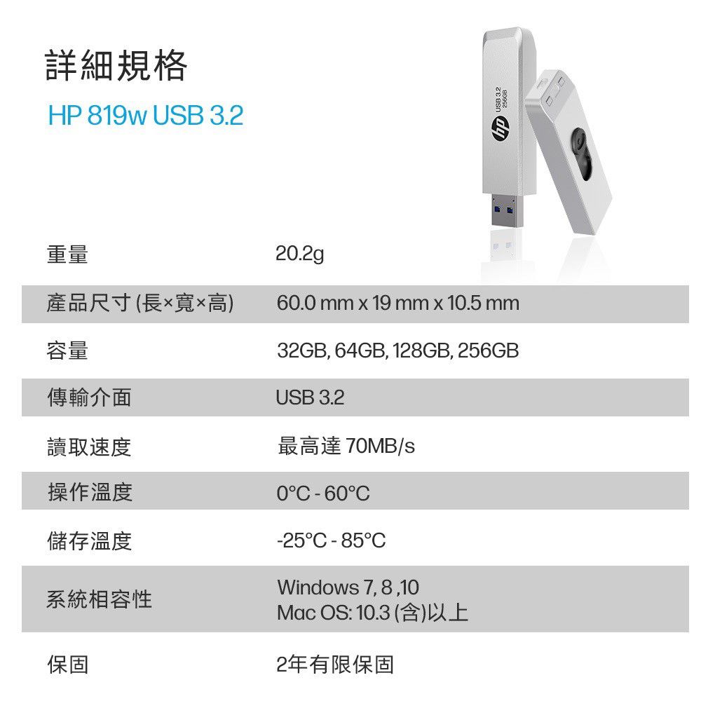 詳細規格HP 819w USB 3.2重量產品尺寸(長寬×高)2.2g60.0 mm x 19 mm x 10.5 mm容量32GB,64GB, 128GB, 256GB傳輸介面USB 3.2讀取速度操作溫度儲存溫度系統相容性保固最高達 70MB/s0-60-25C -85°CWindows 7,8,10Mac OS:10.3(含)以上2年有限保固