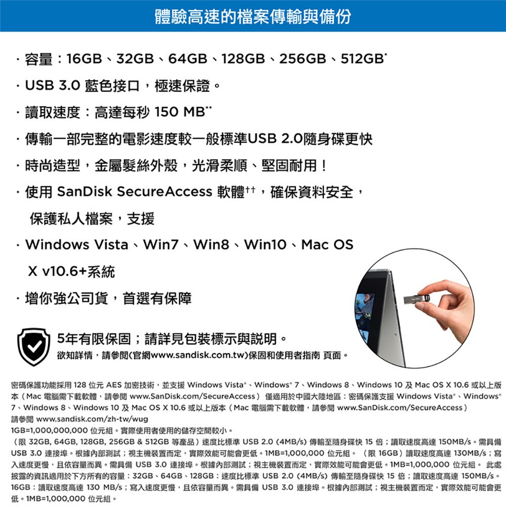 體驗高速的檔案與備份容量:16GB32GB64GB12GB、256GB、512GBUB  藍色接口極速保證讀取速度:高達每秒 150 MB傳輸一部完整的電影速度較一般標準USB 2.0隨身碟更快.時尚造型金屬髮絲外殼,光滑柔順、堅固耐用!·使用 SanDik Secure Access 軟體,確保資料安全,保護私人檔案,支援Windows Vista、Win7、Win8、Win、Mac  v+系統·你強公司貨,首選有保障5年有限保固;請詳見包裝標示與說明欲知詳情,請(官網www.sandisk.com.tw保固和使用者指南 頁面。密碼保護功能採用128位元AES加密技術,並支援 Windows Vista、Windows 7、Windows 8、Windows  及Mac   10.6 或以上版本(Mac 電腦需下載軟體,請 www.SanDisk.comSecureAccess  僅適用於中國大陸地區:密碼保護支援 Windows Vista 、Windows7、Windows 8、Windows 10 及 Mac OS  10.6或以上版本(Mac 電腦需下載軟體,請參閱www.SanDisk.com/SecureAccess)請參閱 www.sandisk.com/zh-tw/wug= 位元組。實際使用者使用的儲存空間較小。(限32GB,64GB,128GB,256GB&512GB等產品)速度比標準USB2.0(4MB/s) 傳輸至隨身碟快15;讀取速度高達150MB/s。需具備USB 3.0 連接埠。根據內部測試;視主機裝置而定,實際效能可能會更低。1MB= 位元組。(限16GB)讀取速度高達130MB/s;寫入速度更慢,且依容量而異。需具備 USB3.0 連接埠。根據內部測試;視主機裝置而定,實際效能可能會更低。1MB= 位元組。 此處披露的資訊適用於下方所有的容量:32GB、64GB、128GB:速度比標準USB2.0(4MB/S) 傳輸至隨身碟快15倍;讀取速度高達150MB/s。16GB:讀取速度高達 130 MB/s;寫入速度更慢,且依容量而異。需具備 USB 3.0 連接埠。根據內部測試;視主機裝置而定,實際效能可能會更低。1MB=1,000,000 位元組。