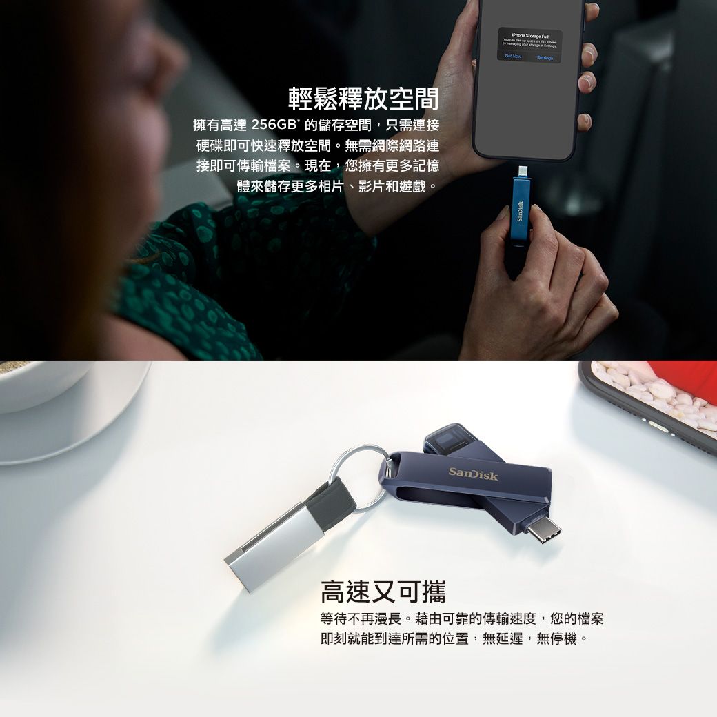 輕鬆釋放空間擁有高達 256GB的儲存空間,只需連接硬碟即可快速釋放空間。無需網際網路連接即可傳輸檔案。現在,您擁有更多記憶體來儲存更多相片、影片和遊戲。 Storage  NowSanDisk高速又可攜等待不再漫長。藉由可靠的傳輸速度,您的檔案即刻就能到達所需的位置,無延遲,無停機。