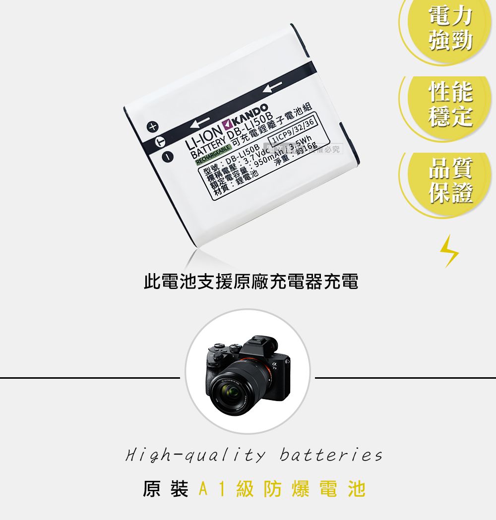 +LIION KANDOBATTERY DB-LI50BRECHARGEABLE 可充電鋰離子電池組型號:DB-L150B1ICP9/32/36標稱電壓:3.7Vdc淨重:約16g額定電容量:950mAh/3.5Wh材質:鋰電池此電池支援原廠充電器充電High-quality batteries原裝A1級防爆電池電力強勁性能穩定品質保證