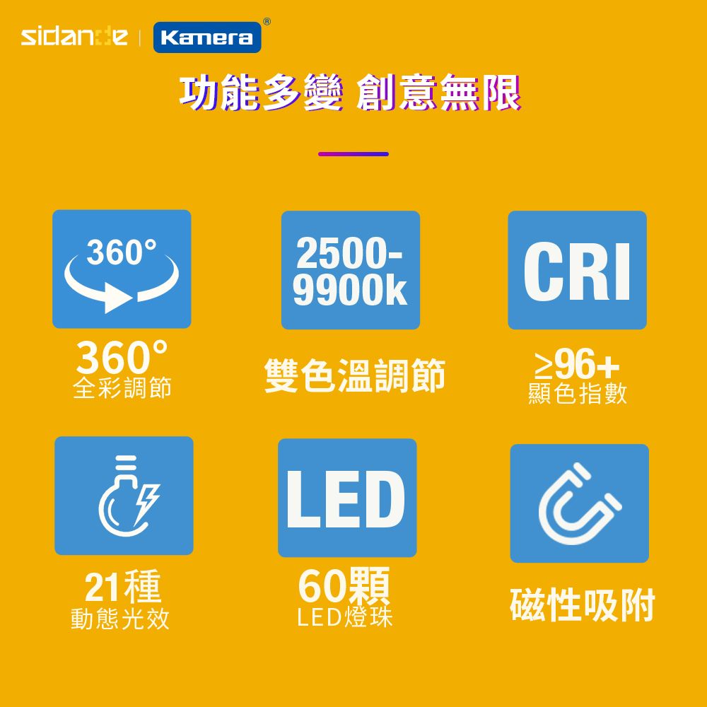 Kamera 佳美能 Sidande 斯丹德 便攜式補光燈 RGB 全彩磁吸式 LED 豆腐燈(附專用配件柔光罩)