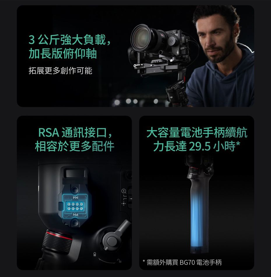 3公斤強大負載,加長版俯仰軸拓展更多創作可能RSA 接口,相容於更多配件大容量電池手柄續航力長達29.5小時*M4需額外購買 BG70 電池手柄
