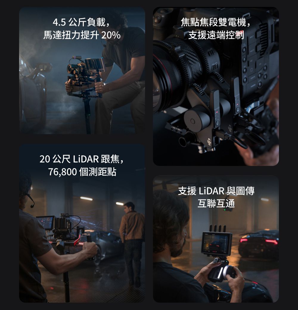 4.5公斤負載,馬達扭力提升20%焦點焦段雙電機,支援遠端控制20公尺 LiDAR 跟焦,76,800 個測距點支援 LiDAR 與圖傳互聯互通