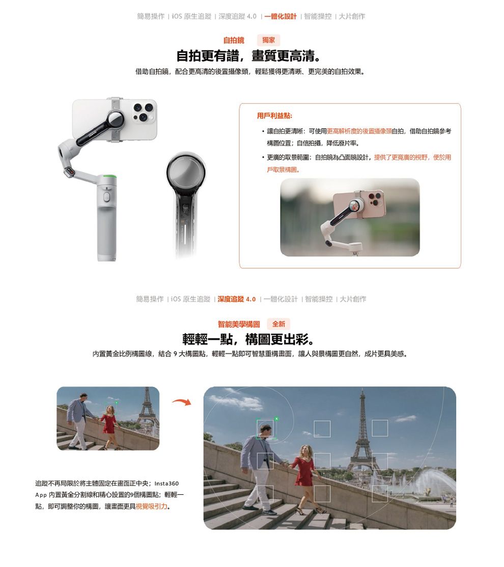 簡易操作   原生追蹤深度追蹤設計智能操控 創作自拍獨家自拍更有畫質更高借助自拍鏡配合更高清的後置攝像頭輕鬆獲得更清晰、更完美的自拍效果用利益點:自拍更清晰:可使用更高解析度的後置攝像頭自拍,借助自拍鏡參考圖位置;自信拍攝,降低廢片率。更廣的範圍:自拍鏡為凸面鏡設計,提供了更寬廣的視野,便於用戶取景,簡易操作   原生追蹤深度追蹤40 一體化設計 智能操控 大片創作智能美學構圖 全新輕輕一點,構圖更出彩。黃金比例構線,結合9大點,輕輕一點即可智慧面,讓人與景更自然,成片更具美感。追蹤不再局限於將主體固定在畫面正中央; Insta360App 內置黃金分割線和精心設置的9個構圖點;輕輕一點,即可調整你的構圖,讓畫面更具視覺吸引力.