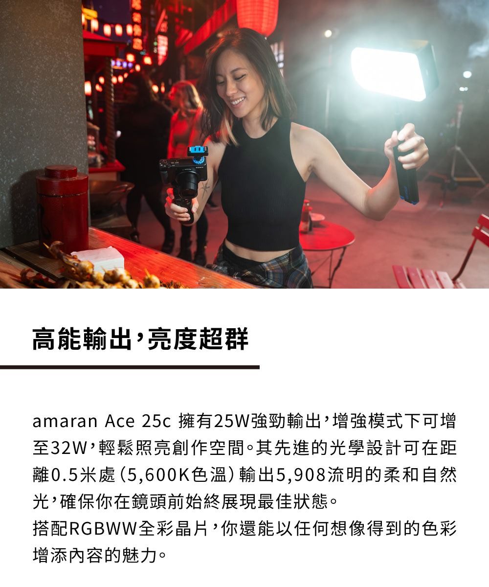 高能輸出亮度超群amaran Ace 25c擁有強勁輸出,增強模式下可增至32W,輕鬆照亮創作空間。其先進的光學設計可在距離0.5米處(5,600K色溫)輸出5,908流明的柔和自然光,確保你在鏡頭前始終展現最佳狀態。搭配RGBWW全彩晶片,你還能以任何想像得到的色彩增添內容的魅力。
