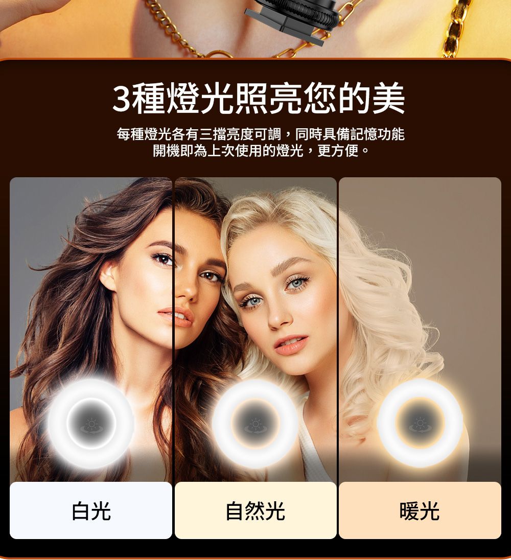 3種燈光照亮您的美每種燈光各有三擋亮度可調,同時具備記憶功能開機即為上次使用的燈光,更方便。白光自然光暖光