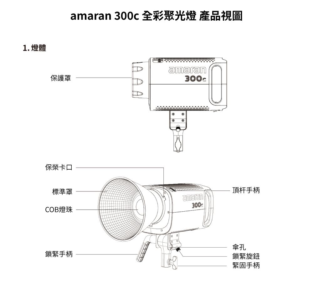 1.燈體amaran  全彩聚光燈 產品視圖保護罩保卡口AAAamaran300c標準罩amaranCOB燈珠300鎖緊手柄頂杆手柄傘孔鎖緊旋鈕緊固手柄