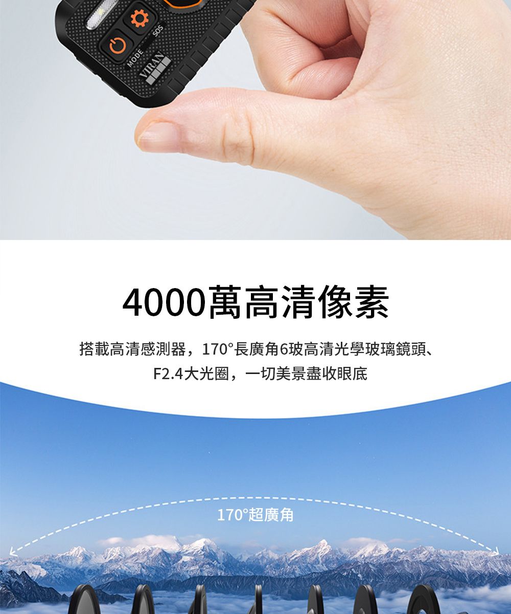 MODEVIRAN4000萬高清像素搭載高清感測器,170°長廣角6玻高清光學玻璃鏡頭、F2.4大光圈,一切美景盡收眼底170°超廣角