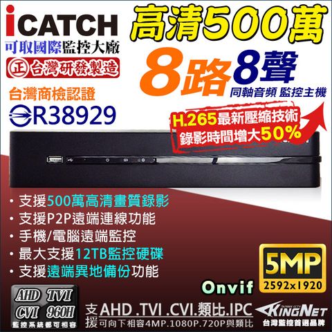 【iCATCH 可取】 可取 8路監控主機 台灣製造 500萬主機 5合1 混合型 1920P 支援類比/AHD.TVI.CVI.4MP.1080P 720P/IP網路攝影機 H.265 監視器 DVR