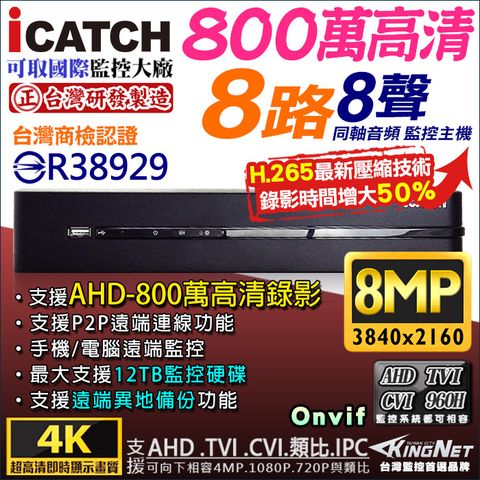 【iCATCH 可取】 H.265 可取 8路監控主機DVR 台灣製造 6合1 混合型 2160P 800萬 支援類比.8MP/AHD.TVI.CVI.5MP.4MP.1080P 720P/IP攝影機 監視器 DVR