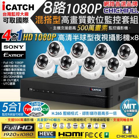 【CHICHIAU】H.265 8路5MP台製iCATCH數位高清監控錄影主機(含SONY 200萬半球型攝影機x8)