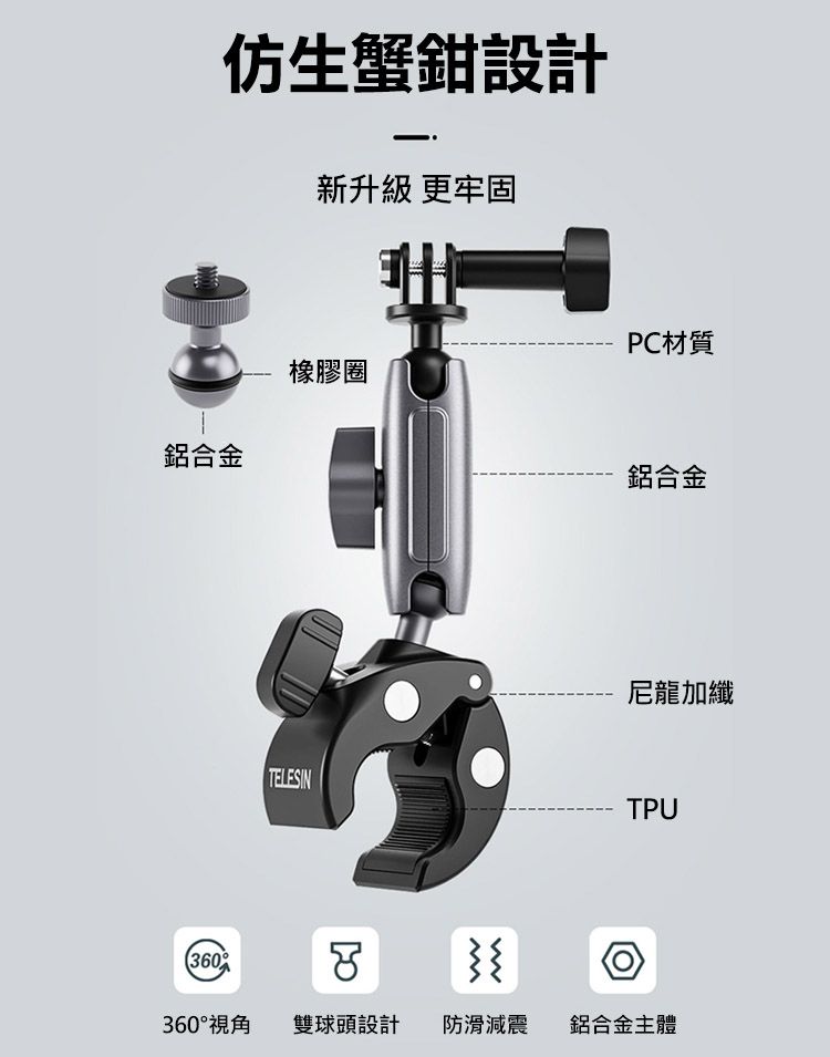 仿生蟹鉗設計新升級 更牢固橡膠圈业鋁合金360TELESINPC材質鋁合金尼龍加纖TPU360°視角 雙頭設計防滑減震鋁合金主體