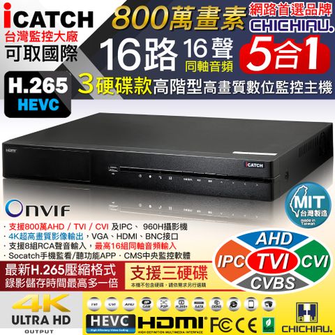 chichiau 奇巧 16路16聲同軸音頻 800萬 AHD TVI CVI 5MP台製iCATCH數位高清遠端三硬碟款監控錄影主機
