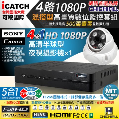 【CHICHIAU】H.265 4路5MP台製iCATCH數位高清遠端監控錄影主機(含SONY 200萬半球型攝影機x1)
