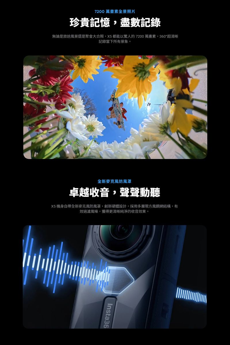 7200 萬畫素全景照片珍貴記憶,盡數記錄無論是旅途風景還是聚會大合照,X5都能以驚人的7200 萬畫素,360超清晰記錄當下所有景象。全新麥克風防風罩卓越收音,聲聲動聽X5 機身自帶全新麥克風防風罩,創新硬體設計,採用多層限方風網結構,有過濾風噪,獲得更清晰純淨的收音效果。Insta36