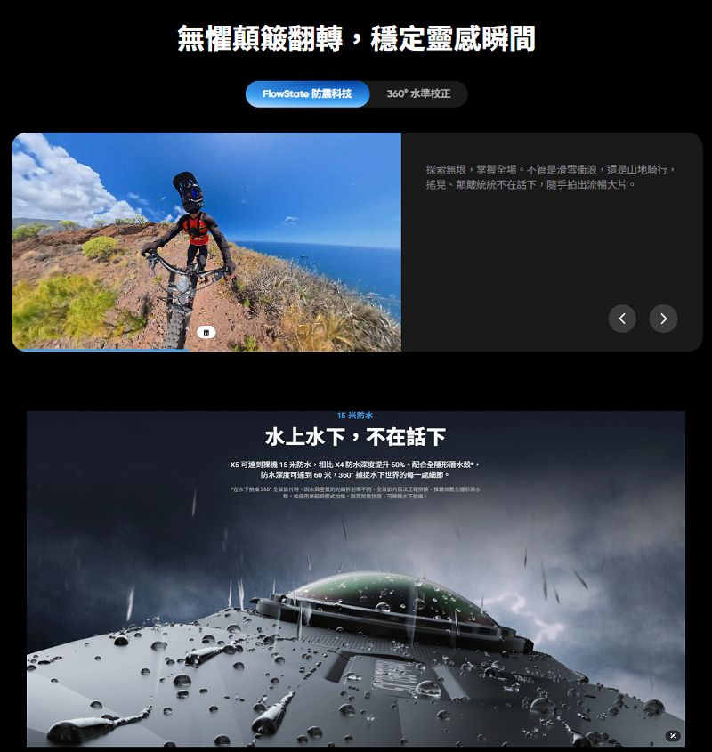 懼顛簸翻轉穩定靈感瞬間FlowState 防震科技360準校正探索無垠掌握場不管是滑雪衝浪還是山地騎行搖晃、顛簸統統不話,隨手出流暢大片15 米防水水上,不在話下X5  15 米防水,相比  防水深度提升 50%配合潛水,防水深度可達到 60 米,360° 捕捉水下世界每一處細節*在水下 ,因水無的,全,全,。拍。,可下。