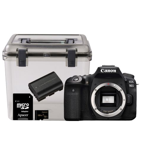 ▼高像素高速單眼相機Canon EOS 90D 單機身+A-2218防潮盒+128G記憶卡+LP-E6副廠電池 (公司貨)