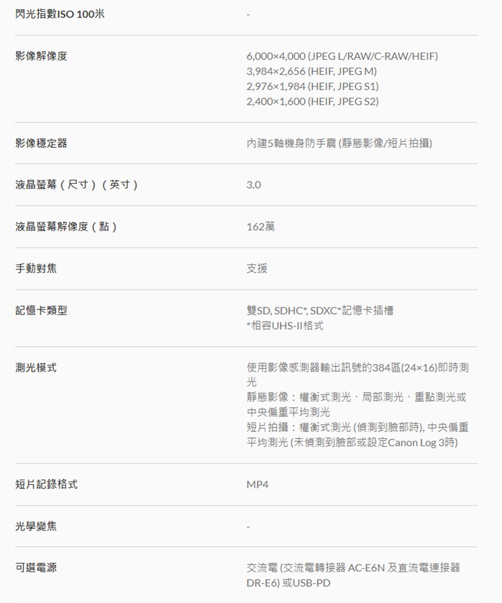 閃光指數ISO 100米影像解像度6,0004,000 (JPEGLRAW/C-RAW/HEIF)3,984x2,656 (HEIF, JPEG M)2,976x1,984 (HEIF, JPEG S1)2,4001,600 (HEIF, JPEG S2)影像穩定器液晶螢幕(尺寸)(英寸)液晶螢幕解像度(點)內建5軸機身防手震(靜態影像/短片拍攝)3.0162萬手動對焦支援記憶卡類型雙SD, SDHC, SDXC*記憶卡插槽*相容UHS-II格式測光模式使用影像感測器輸出訊號的384區(2416)即時測光靜態影像:權衡式測光、局部測光、重點測光或中央偏重平均測光短片拍攝:權衡式測光(偵測到臉部時), 中央偏重平均測光 (未偵測到臉部或設定Canon Log 3時)短片記錄格式MP4光學變焦可選電源交流電(交流電轉接器 AC-E6N 及直流電連接器DR-E6)或USB-PD