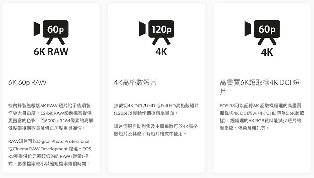 120p6K RAW4K6K 60p RAW4K高短片4K高畫質6K超取樣4K DCI短片機內錄製無裁切6K RAW 短片給予後期製作更大自由度。12-bit RAW影像提供更豐富的色彩而6000x3164像素的高解像度讓後期剪裁及修正角度更具彈性。RAW短片可以Digital Photo Professional或Cinema RAW Development 處理。EOSR3亦提供位元率較低的的RAW (輕量) 格式,影像檔案較小以縮短檔案傳輸時間。無裁切4K DCI/UHD 或Full HD高格數短片(120p)以慢動作捕捉精采畫面。短片伺服自動對焦及主體追蹤可於4K高格數短片及其他所有短片格式中使用。EOS R3可以記錄6K超取樣處理的高畫質無裁切4K DCI短片(4KUHD時為5.6K超取樣),經處理的6K RGB資料能減少短片的摩爾紋、偽色及雜訊等。