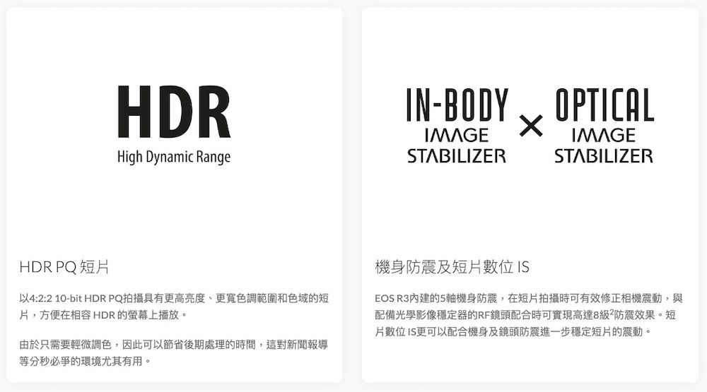 HDRHigh Dynamic RangeIN-BODY  OPTICALIMAGESTABILIZERIMAGESTABILIZERHDR PQ 短片以4:2:2 10-bit HDR PQ拍攝具有更高亮度、更寬色調範圍和色域的短片,方便在相容HDR的螢幕上播放。由於只需要輕微調色,因此可以節省後期處理的時間,這對新聞報導等分秒必爭的環境尤其有用。機身防震及短片數位ISEOS R3內建的5軸機身防震,在短片拍攝時可有效修正相機震動,與配備光學影像穩定器的RF鏡頭配合時可實現高達8級防震效果。短數位IS更可以配合機身及鏡頭防震進一步穩定短片的震動。