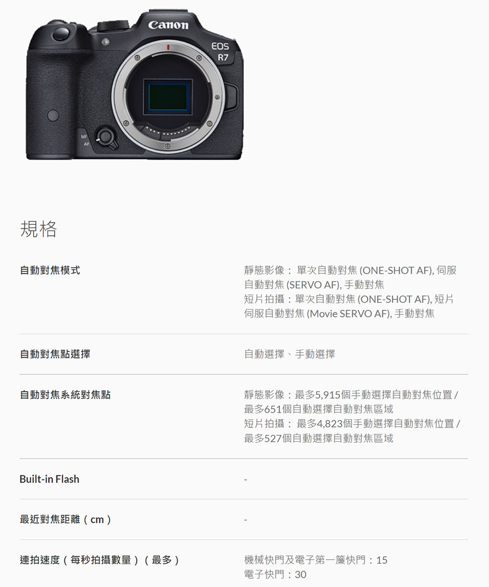 規格CanonEOS自動對焦模式靜態影像單次自動對焦(ONE-SHOT AF), 伺服自動對焦(SERVO AF), 手動對焦短片拍攝:單次自動對焦(ONE-SHOT AF), 短片伺服自動對焦 (Movie SERVO AF), 手動對焦自動對焦點選擇自動對焦系統對焦點Built-in Flash最近對焦距離(cm)自動選擇、手動選擇靜態影像:最多5,915個手動選擇自動對焦位置/最多651個自動選擇自動對焦區域短片拍攝:最多4,823個手動選擇自動對焦位置/最多527個自動選擇自動對焦區域連拍速度(每秒拍攝數量)(最多)機械快門及電子第一簾快門:15電子快門:30