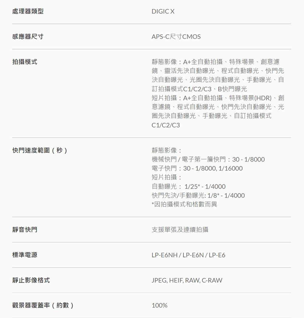 處理器類型DIGIC X感應器尺寸APS-C尺寸CMOS拍攝模式快門速度範圍(秒)靜態影像A+全自動拍攝、特殊場景、創意濾鏡、靈活先自動曝光、程式自動曝光、快門先決自動曝光、光圈先決自動曝光、手動曝光、自訂拍攝模式C1/C2/C3、B快門曝光短片拍攝:A+全自動拍攝、特殊場景(HDR)、創意濾鏡、程式自動曝光、快門先決自動曝光、光圈先決自動曝光、手動曝光、自訂拍攝模式C1/C2/C3靜態影像:機械快門/電子第一簾快門:30-1/8000電子快門:30-1/8000,1/16000短片拍攝:自動曝光:1/25*-1/4000快門先決/手動曝光:1/8*-1/4000*因拍攝模式和格數而異靜音快門支援單張及連續拍攝標準電源靜止影像格式觀景器覆蓋率(約數)LP-E6NH/LP-E6N/LP-E6JPEG, HEIF, RAW,C-RAW100%