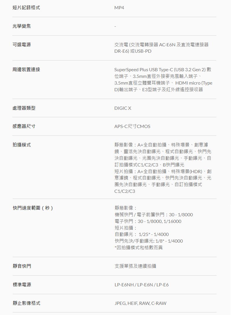 短片記錄格式光學MP4可選電源交流電 (交流電轉接器 AC-E6N及直流電連接器DR-E6) 或USB-PD周邊裝置連接SuperSpeed Plus USB Type-C (USB 3.2 Gen 2) 數位端子、3.5mm直徑外接麥克風輸入端子、3.5mm直徑立體聲耳機端子、HDMI micro (TypeD)輸出端子、E3型端子及紅外線遙控接收器處理器類型感應器尺寸拍攝模式快門速度範圍(秒)DIGIC XAPS-靜態影像A+全自動拍攝、特殊場景、創意濾鏡、靈活先決自動曝光、程式自動曝光、快門先決自動曝光、光圈先決自動曝光、手動曝光、自訂拍攝模式C1C2/C3、B快門曝光短片拍攝A+全自動拍攝、特殊場景(HDR)、創意濾鏡、程式自動曝光、快門先決自動曝光、光圈先決自動曝光、手動曝光、自訂拍攝模式C1/C2/C3靜態影像:機械快門/電子前簾快門:30-1/8000電子快門:30-1/8000,1/16000短片拍攝:自動曝光:1/25*-1/4000快門先決/手動曝光:1/8*-1/4000*因拍攝模式和格數而靜音快門支援單張及連續拍攝標準電源LP-E6NH/LP-E6N/LP-E6靜止影像格式JPEG, HEIF, RAW,C-RAW