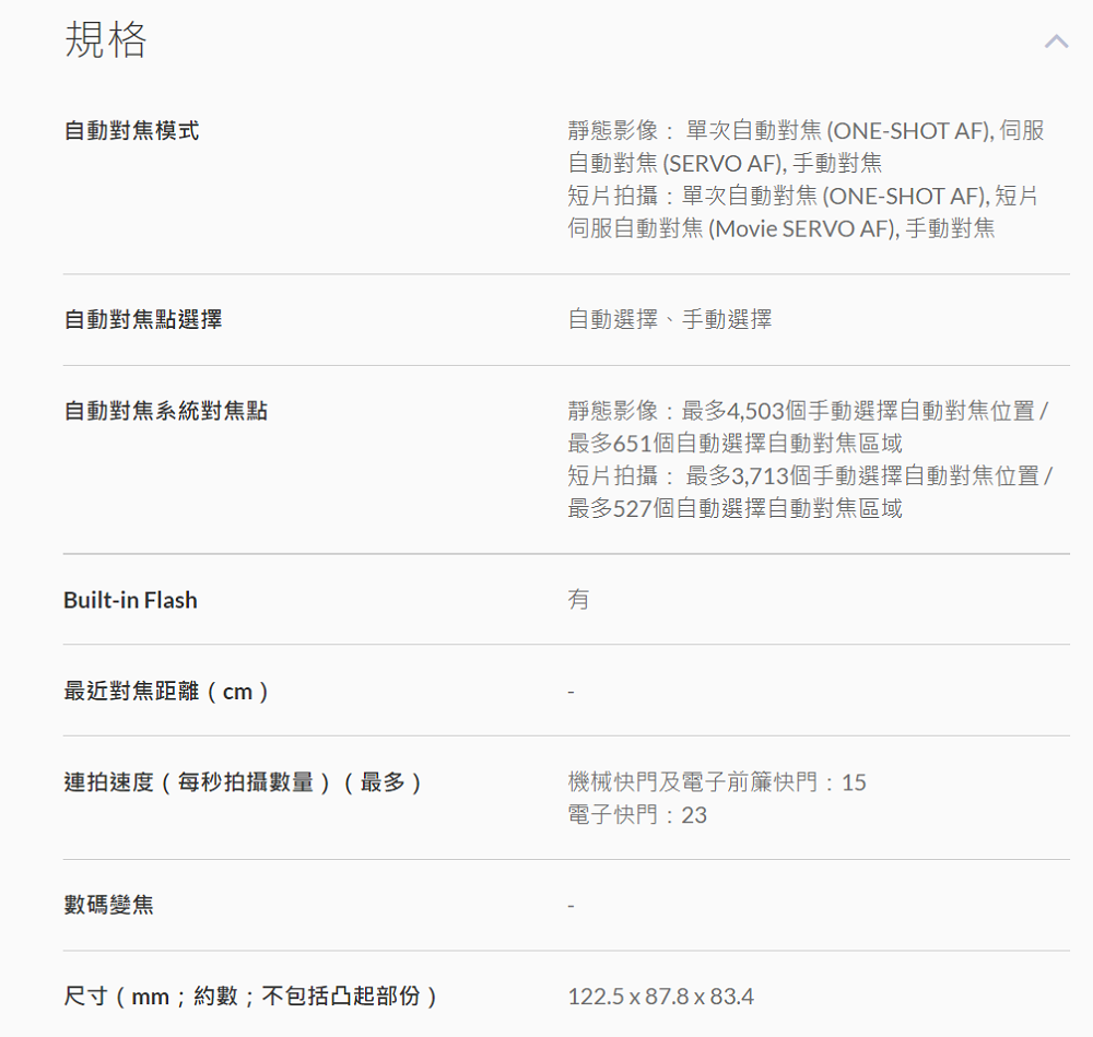 規格自動對焦模式靜態影像單次自動對焦(ONE-SHOT AF), 伺服自動對焦 (SERVO AF), 手動對焦自動對焦點選擇自動對焦系統對焦點Built-in Flash最近對焦距離(cm)連拍速度(每秒拍攝數量)(最多)數碼變焦短片拍攝:單次自動對焦(ONE-SHOT AF), 短片伺服自動對焦 (Movie SERVO AF), 手動對焦自動選擇、手動選擇靜態影像:最多4,503個手動選擇自動對焦位置 /最多651個自動選擇自動對焦區域短片拍攝:最多3,713個手動選擇自動對焦位置 /最多527個自動選擇自動對焦區域機械快門及電子前簾快門:15電子快門:23尺寸(mm;約數;不包括凸起部份)122.5x87.8x83.4