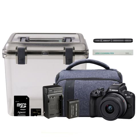 ▼贈包包防潮盒128G副電Canon EOS R50 RF-S18-45mm + 專業相機包 + SL-1拭鏡筆 + A-2218防潮盒 + 128G記憶卡+副電座充組 (黑色) (公司貨)