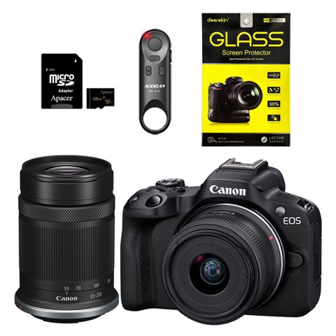 Canon EOS R50 RF-S18-45mm+RF-S 55-210mm+鋼化貼+藍牙遙控器+128G記憶卡 黑色 (公司貨)