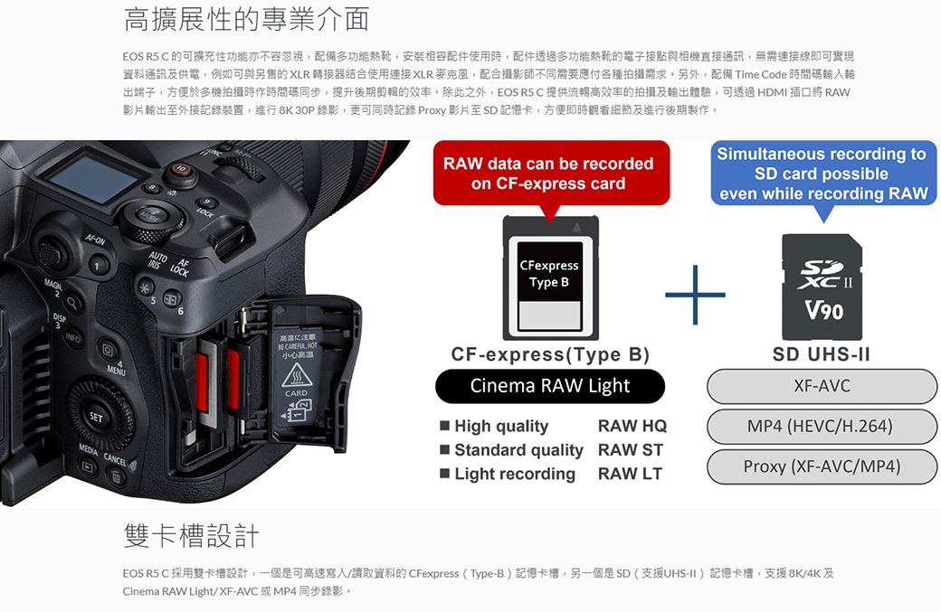 高擴展性的專業介面EOS C 的可擴充性功能亦不容忽視配備多功能,安裝配件使用時,配件透過多功能的電子接點與相機直接通訊,無需線即可實現資料通訊及供電,例如可與另售的XLR 轉接器結合使用連接XLR麥克風,配合攝影師不同需要應付各種拍攝需求。另外,配備 Time Code 時間碼輸入輸出端子,方便於多機拍攝時作時間碼同步,提升後期的效率。除此之外,EOS R5C提供流暢高效率的拍攝及體驗,可透過HDMI插口將 RAW影片輸出至外接記錄裝置,進行8K 30P錄影,更可同時記錄 Proxy 影片至SD記憶卡,方便即時觀看細節及進行後期製作。RAW dta can be recordedon CFexpress cardSimultaneous recording toSD card possibleeven while recording RAWAF-ONAUTO AF LOCKINFOaMENUSETMEDIA CANCEL雙卡槽設計に注意 , HO小心CARDCFexpressType B+CF-express(Type B)Cinema RAW LightRAW HQStandard quality RAW STHigh qualityLight recordingV90SD UHS-XF-AVCMP4 (HEVC/H.264)RAW LTProxy (XF-AVC/MP4)EOS R5 C 採用雙卡槽設計,一個是可高速寫入/讀取資料的 CFexpress (Type-B)記憶卡槽,另一個是SD(支援UHS-II)記憶卡槽,支援8K/4K及Cinema RAW Light/XF-AVC或MP4 同步錄影。