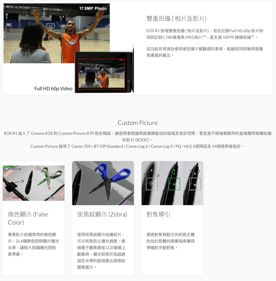 Full HD 60p Video17.8MP Photo雙重拍攝(相片及影片)EOS R1 新增雙重拍攝(相片及影片),能在記錄Full HD 60p 影片時同時記錄1,780萬像素JPEG相片14,更支援 FPS 連續拍攝15。這功能非常適合使用者拍攝千載難逢的事情,能確保同時獲得兩種高畫質的輸出。Custom PictureEOS R1 加入了 Cinema EOS 的 Custom Picture (CP) 色彩預設,讓使用者根據用途選擇最佳的伽瑪及色彩空間,甚至是不經後期製作的直接應用相機拍攝的影片(SOOC)。Custom Picture 提供了Canon 709/BT.709 Standard/ Canon Log 2/Canon Log3/PQ/HLG6個預設及14個使用者設定。10偽色顯示(FalseColor)斑馬紋顯示(Zebra)對焦導引專業影片拍攝常用的偽色顯示,以6種顏色即時顯示曝光水準,讓短片拍攝曝光控制更準確。使用斑馬紋顯示拍攝短片,可以有效防止曝光過度。透過電子觀景器或LCD螢幕上觀看時,曝光相等於或超過設定水準的區域會出現條紋圖案提示。透過對焦移動方向和與主體的估計距離的視覺指南獲得準確的手動對焦。